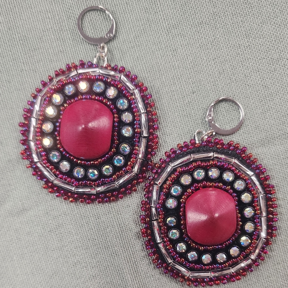 Beaded pink, black, and rhinestone earrings